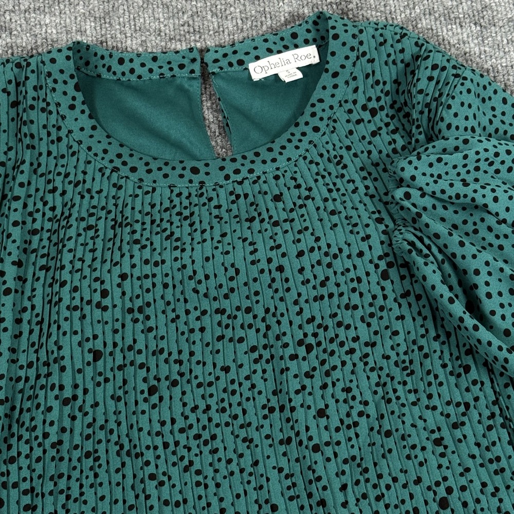 Ophelia Roe Dress Womens Small Green Black Polka Dot Long Sleeve Pleated Lined
